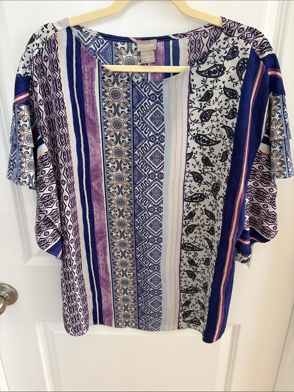 Chico's Blue, Purple & White Patterned Short Sleeve Tunic